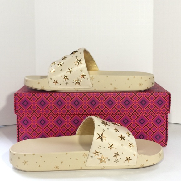 New Tory Burch Star Slides Leather Gold Cream - Picture 5 of 7